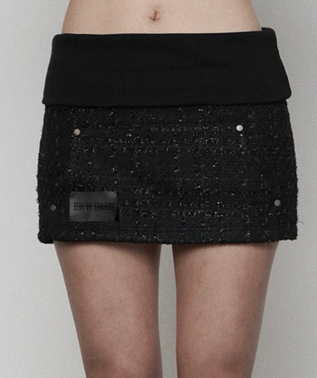 Rib Hoodie Pocket Tweed Skirt ( BLACK )