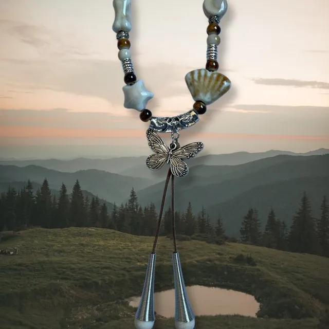 아이보리 스타 조개 원석 해변나비 펜던트 매듭 목걸이