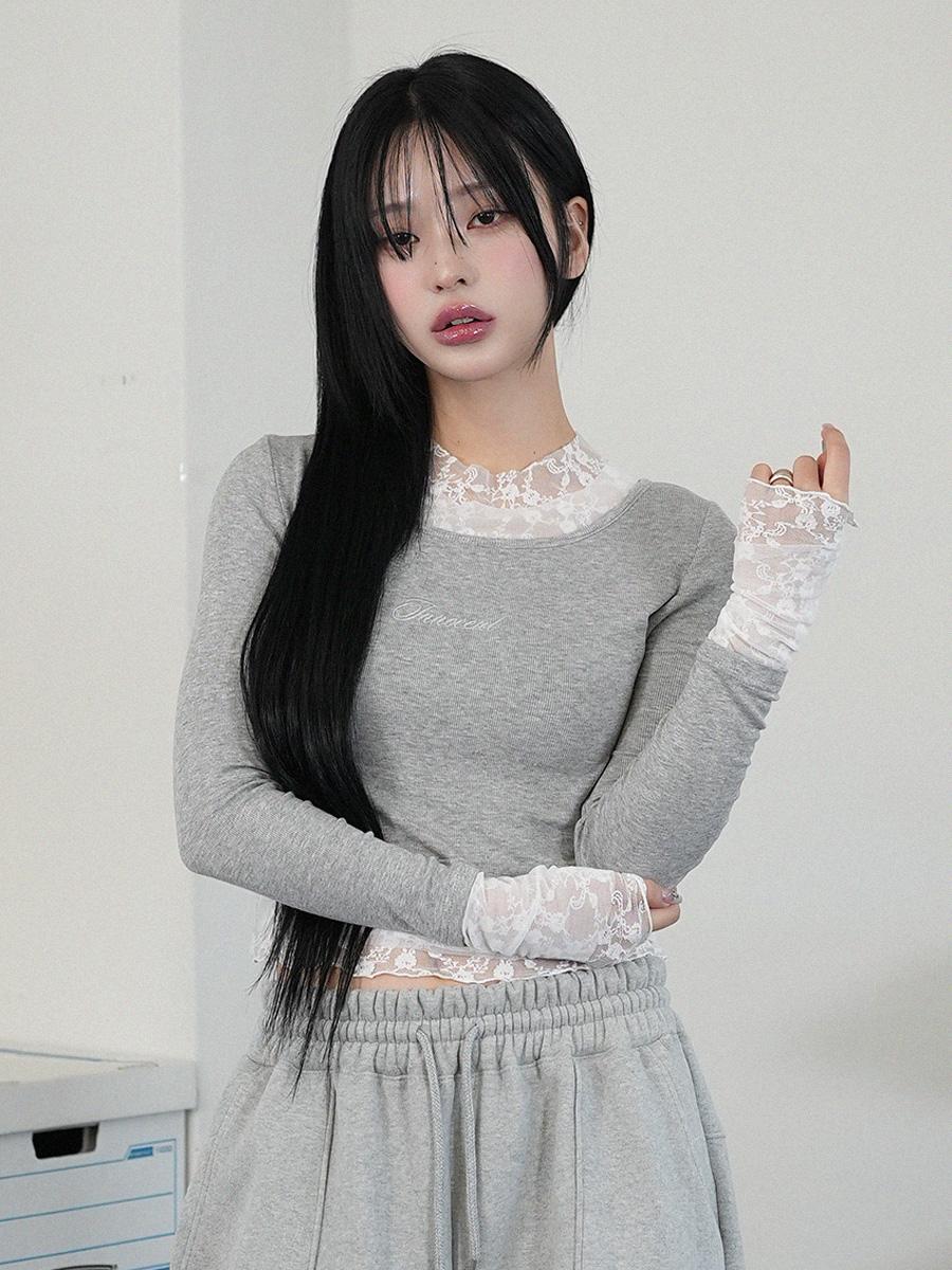Layered lace T-shirt (Grey)