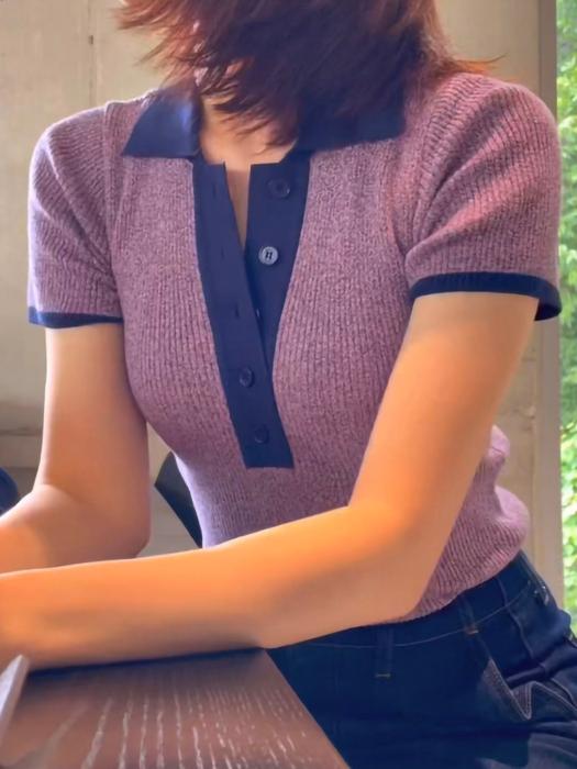 COLOR BLOCK SHORT SLEEVED POLO KNIT (4COLOR)