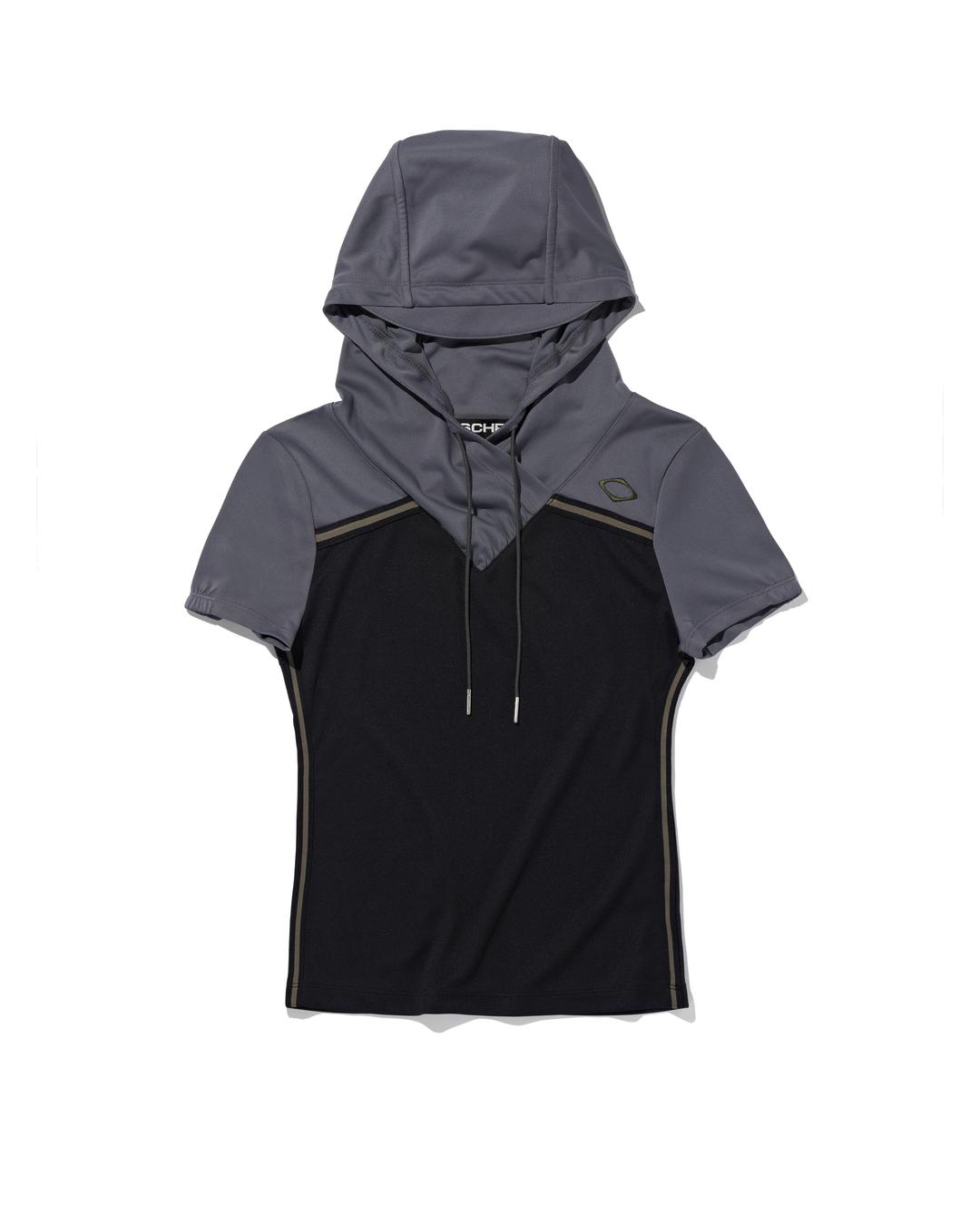 SHIRRING HOODED JERSEY TOP_BLACK