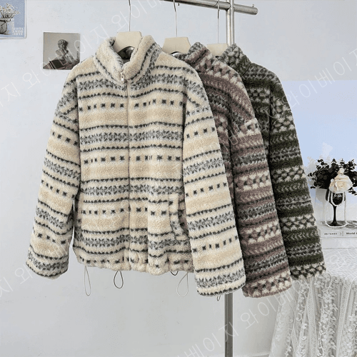와이베이지 여성 후리스 집업 점퍼 양털 뽀글이 오버핏 겨울아우터 노르딕 빈티지 에스닉 덤블