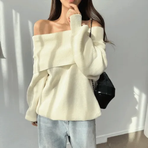 빅 오프숄더 오버핏 박스 롱 니트 티셔츠 4color