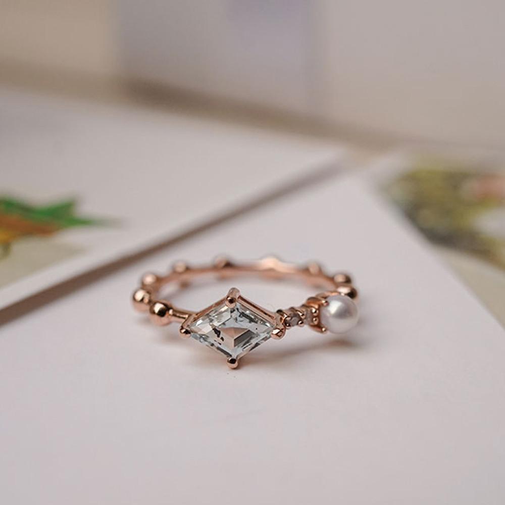 14k 사각 아쿠아마린 진주 묵주반지