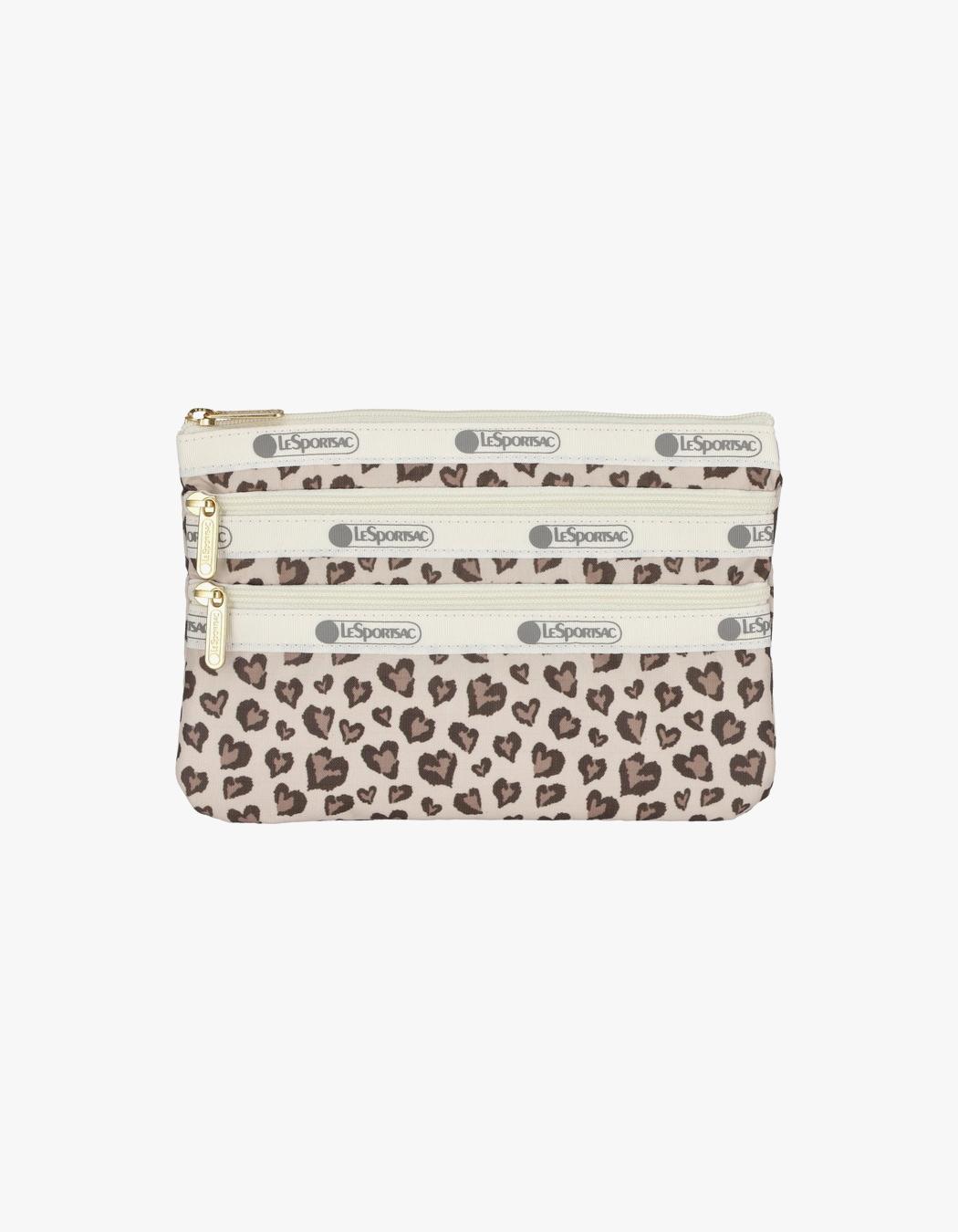 Latte Heart Leopard 3 Zip Cosmetic Pouch - Beige