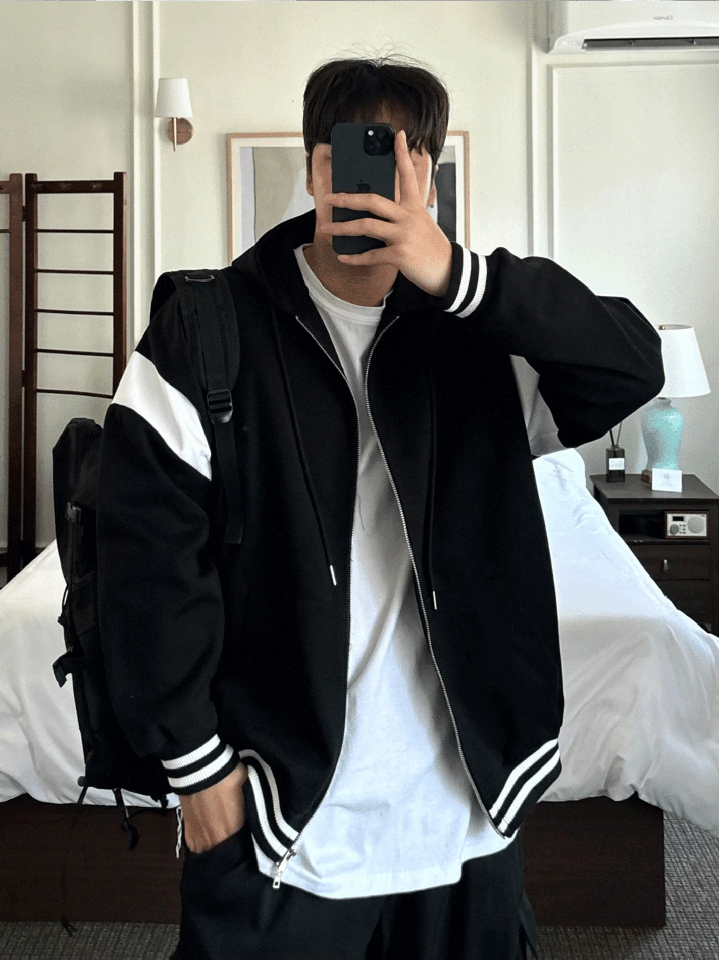 드린 오버핏 바시티 후드집업