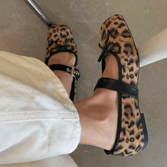 [⚡착화감난리!/주문폭주⚡]가을 스트랩 스퀘어토 리본 발레리나 레오파드 플랫 슈즈 3color