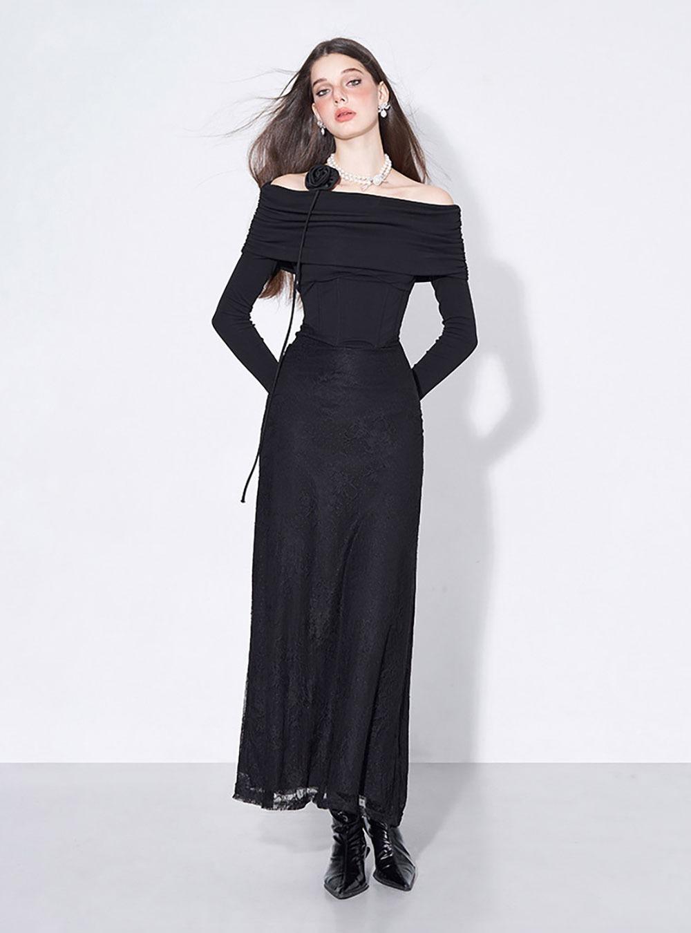 Fishbone V-waist Lace Splice Black longdress