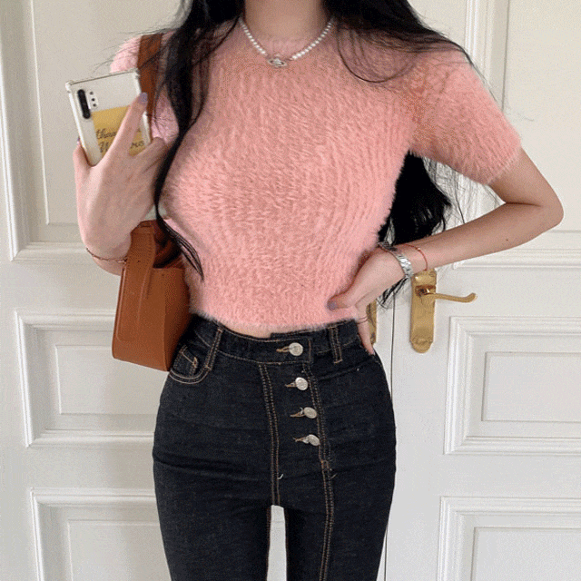 [ 4color / 고퀄 ] 러브유 반팔 앙고라 니트