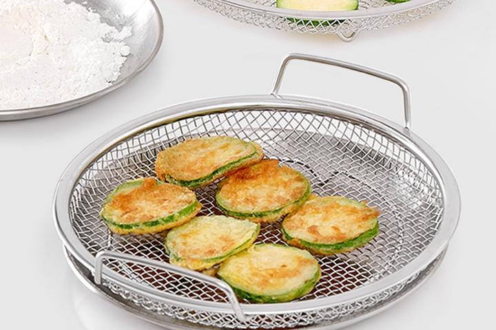올스텐 핸들형 원형 채반+접시 세트 22cm / 메쉬트레이 돈가스망 기름 받침망 바트