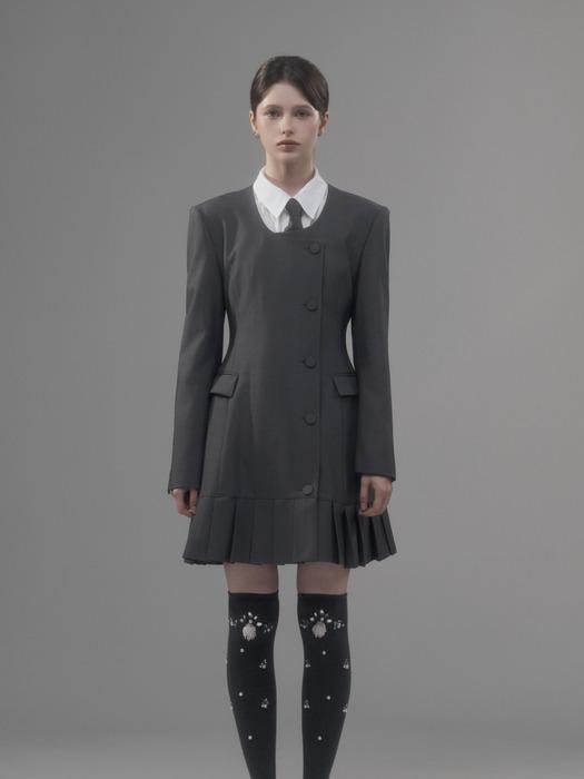 Jenn Round Neck Pleated Suit Jacket Dress - Grey