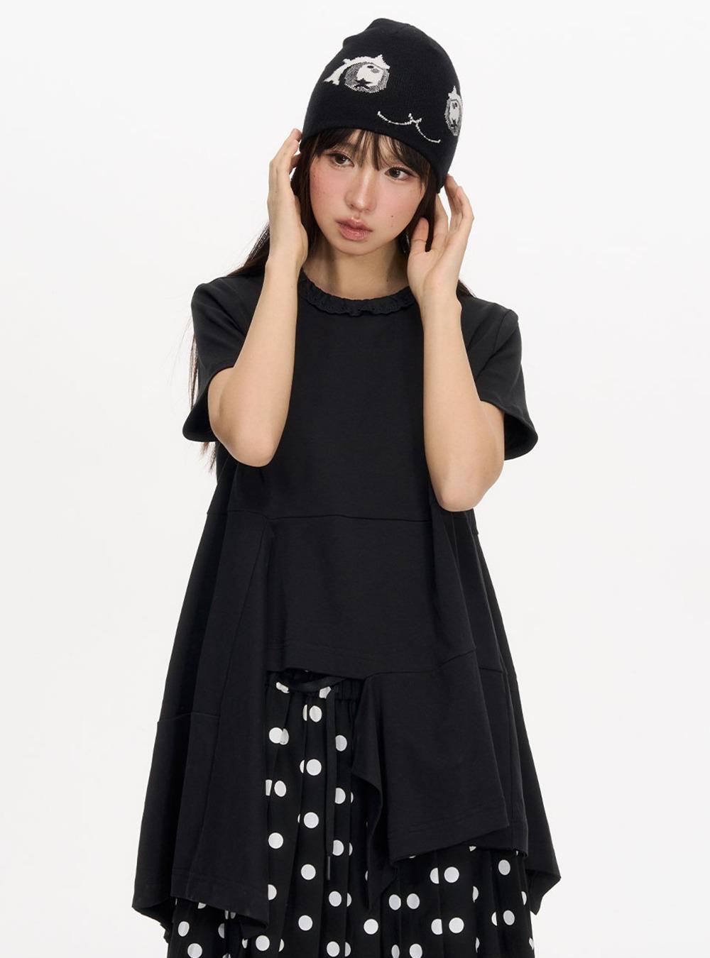 Unbalanced Frill Hem Round T-Shirt (2color)