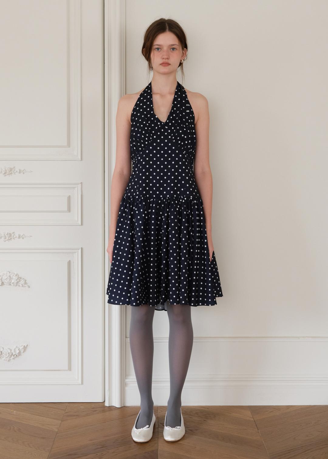 HALTERNECK SHIRRING DRESS - NAVY DOT