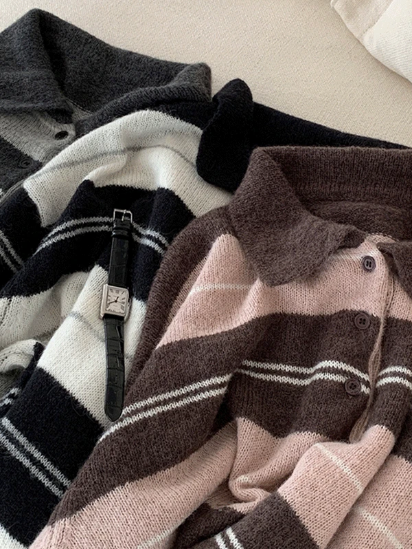 [단독기획/레이어드]빈즈 울 스트라이프 카라 긴팔 니트 -  3color