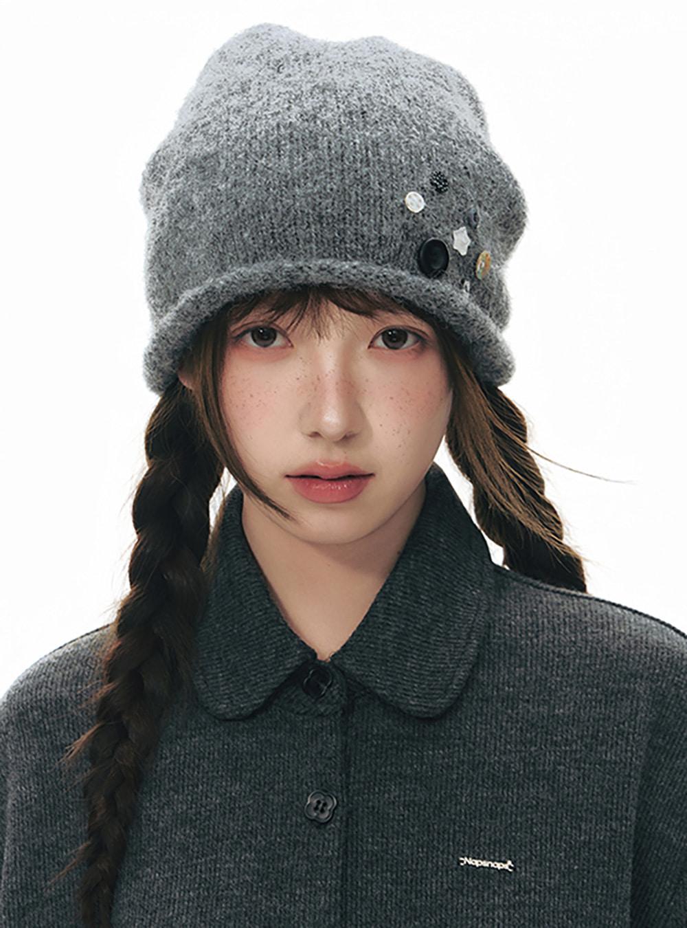 Gray Handmade Button Knit Beanie