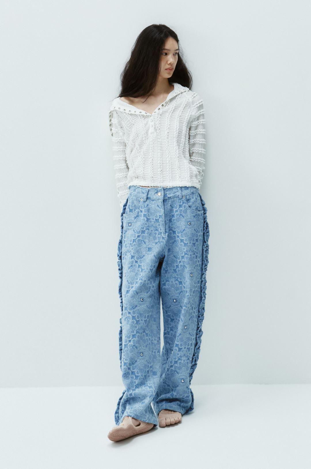 [Reorder 4/7일 예약배송 ]  G_STUD FLOWER CUT FRILL PANTS