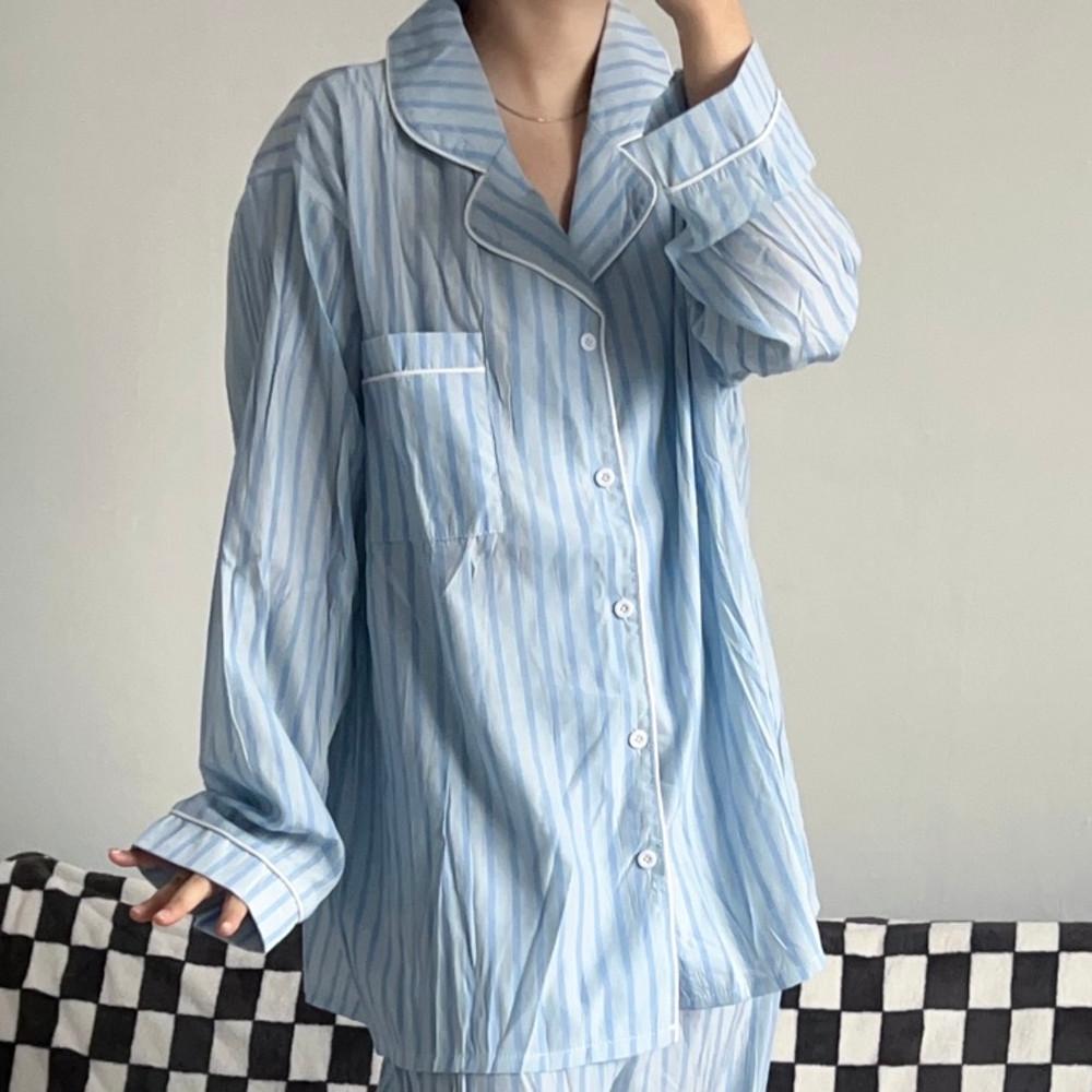 가벼운 잠옷 홈웨어 럴러바이 하늘색 블루 스트라이프 커플 파자마