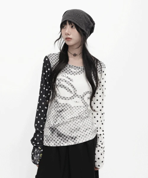 츠키 도트 스판 배색 티셔츠