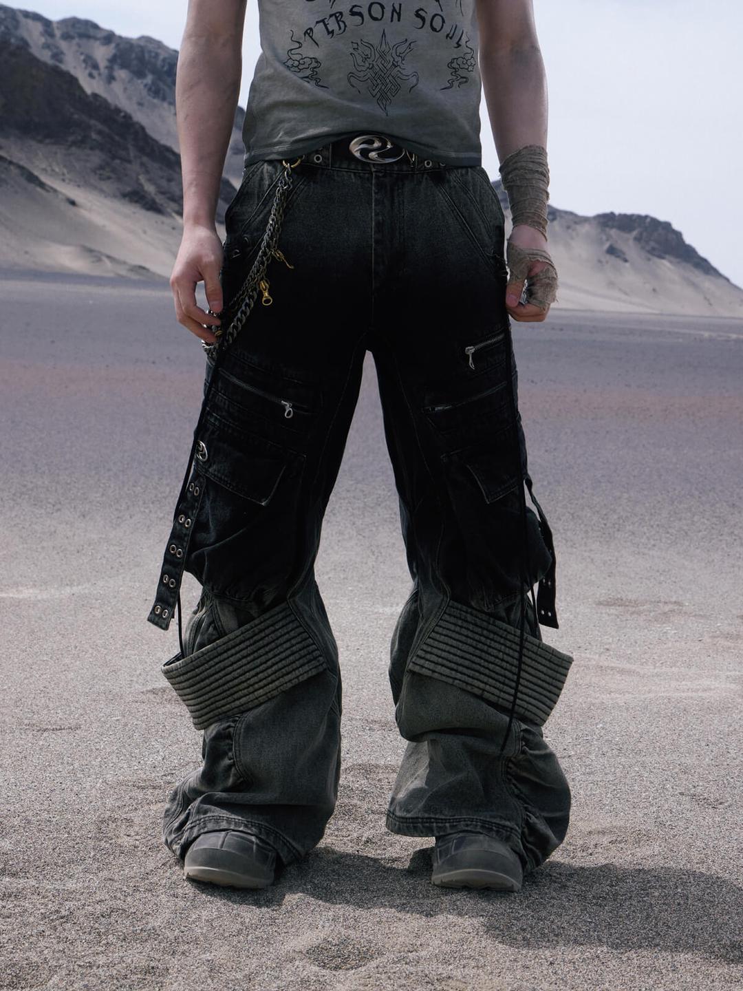 Personsoul Desert Distressed Denim Cargo Pants