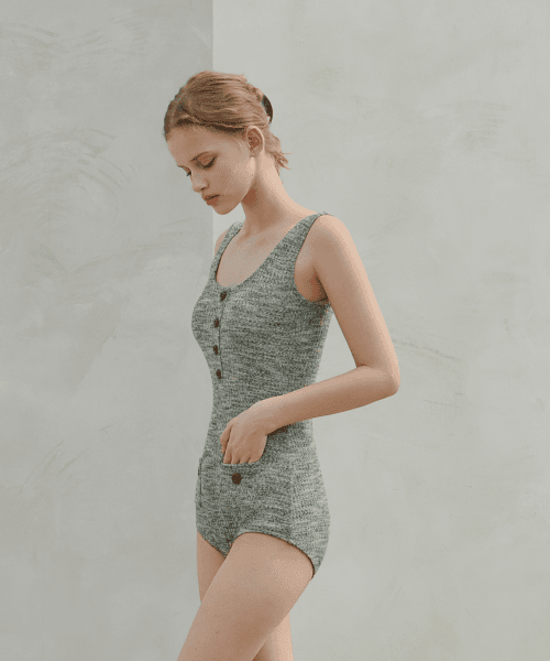 텍스쳐 버튼 로우컷 모노키니 - Khaki