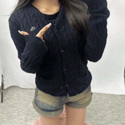 라코스테 블랙 꽈배기 가디건