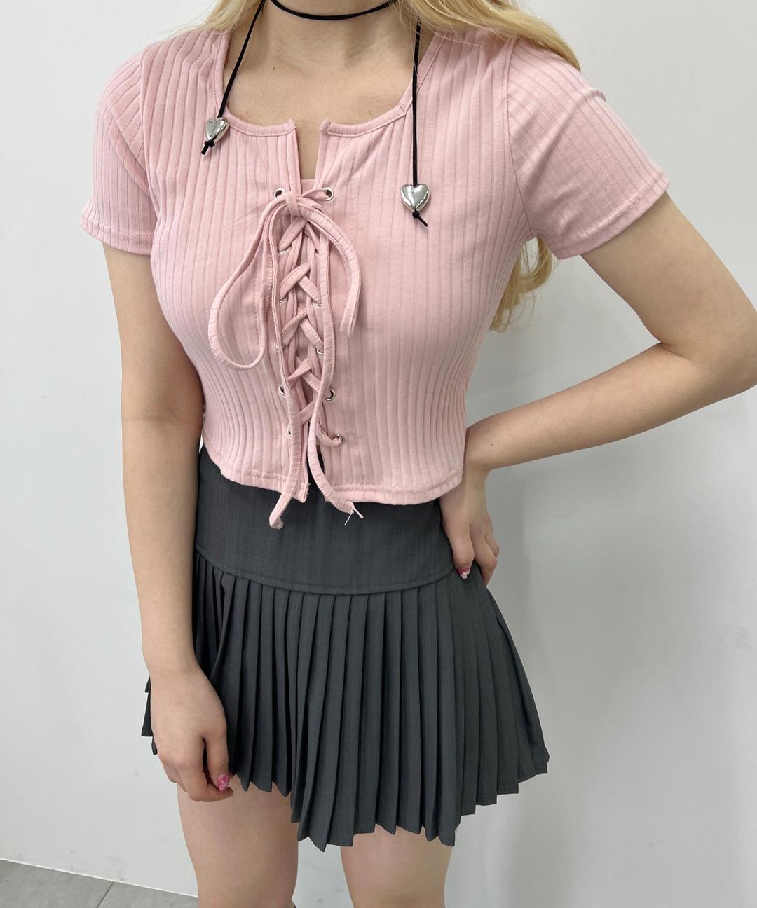 コンパクトレースアップTシャツ - ピンク / F