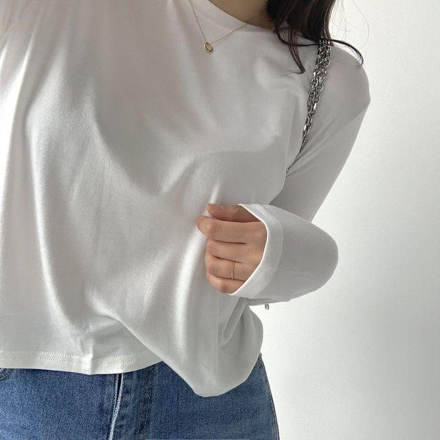 [원단굿]데일 루즈핏 크롭 긴팔 기본티 세미슬림핏 세미크롭 티셔츠 운동복 요가 필라테스 헬스 여름 긴팔 썸머