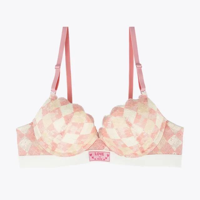 피치 아가일 체크 브라 레이스팬티 세트