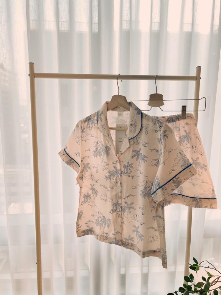 이브니에 인견잠옷 여름 커플 신혼 시원한 레이온 파자마 숙면 라벤더 휴양지 타히티