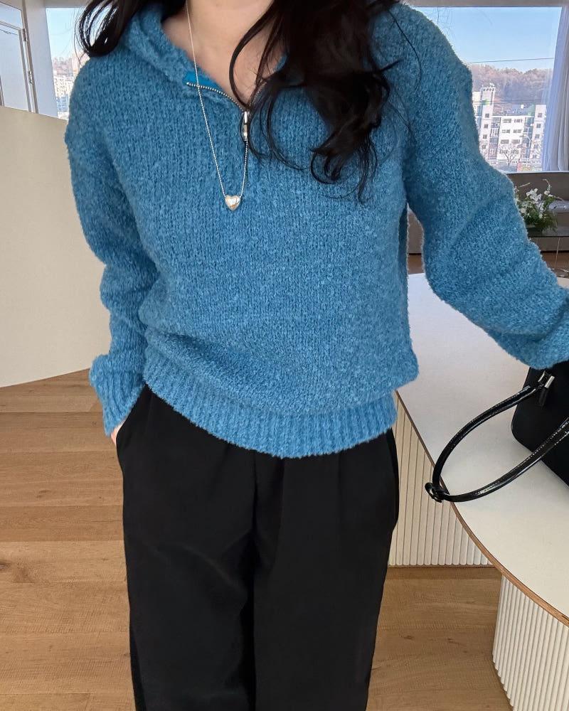 뽀글이 부클 소프트 니트 반집업 후드 스웨터