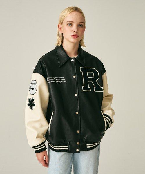 (UNISEX)9111-1 VARSITY LEATHER JACKET_BLACK