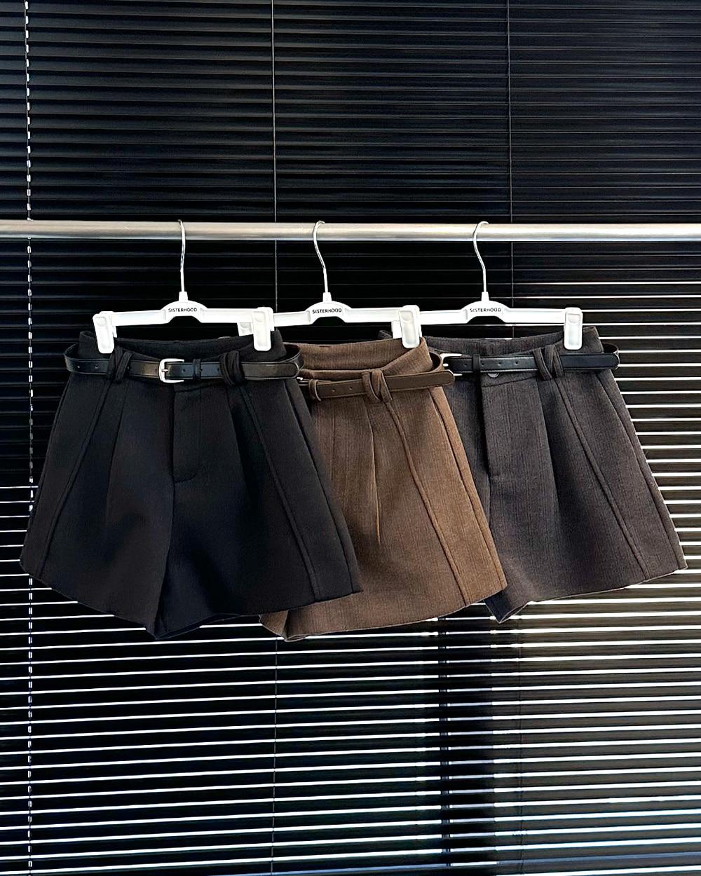 헤링본 벨트 숏 팬츠 - 블랙/브라운/차콜