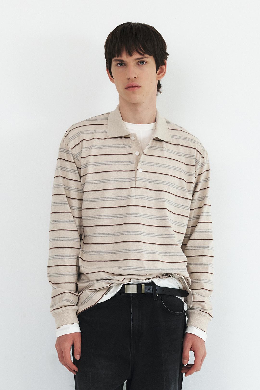 STRIPED COTTON POLO - MELANGE BEIGE