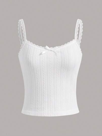SHEIN x Marika Sila SHEIN MOD Summer Going Out Solid Lace Bow Front White Cami Top