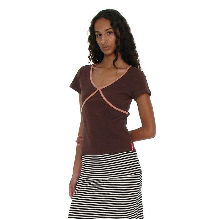 PWC CONTRAST BINDING V-NECK TOP_BROWN