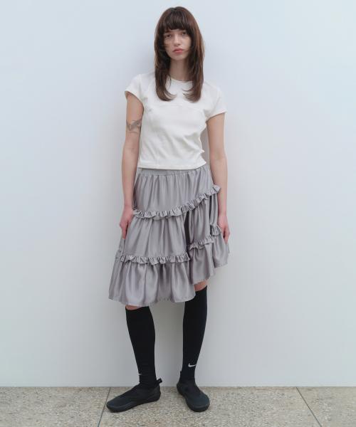 러플 사틴 미디 스커트 [그레이]