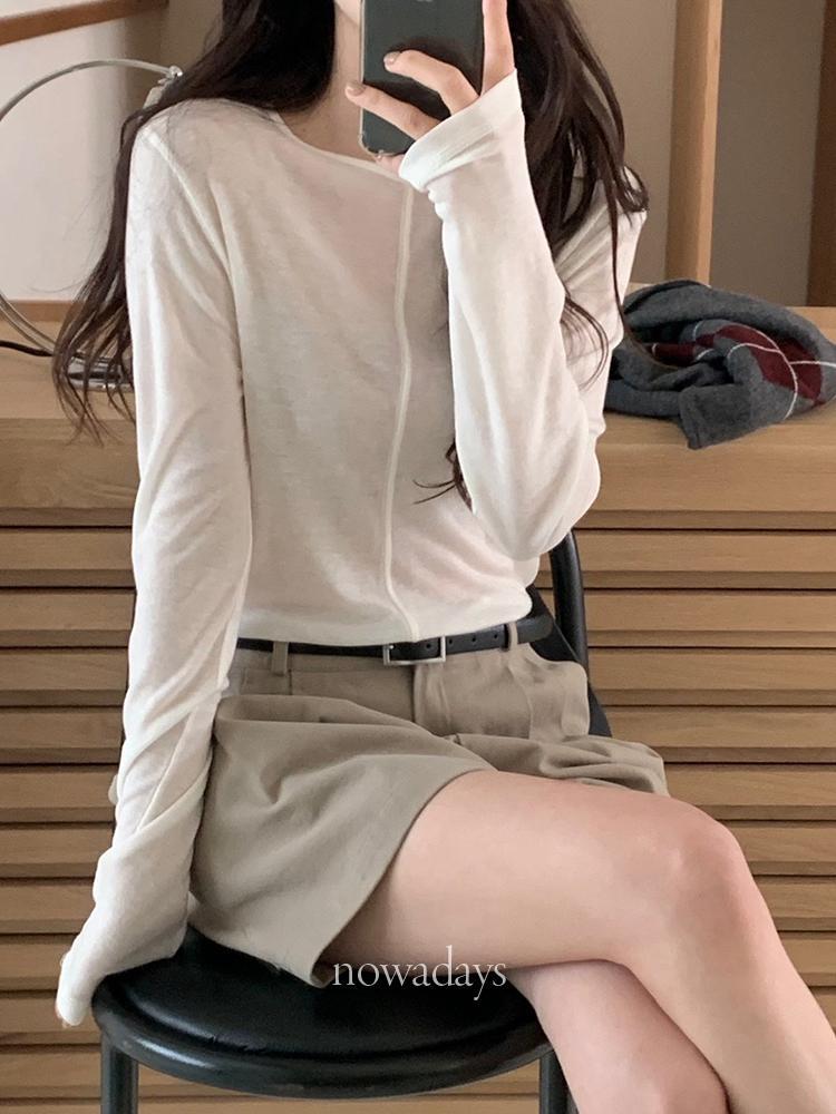 나우어데이즈 베르가못 포그 울 티셔츠 텐셀 긴팔 라운드 절개 시스루 t (5col)