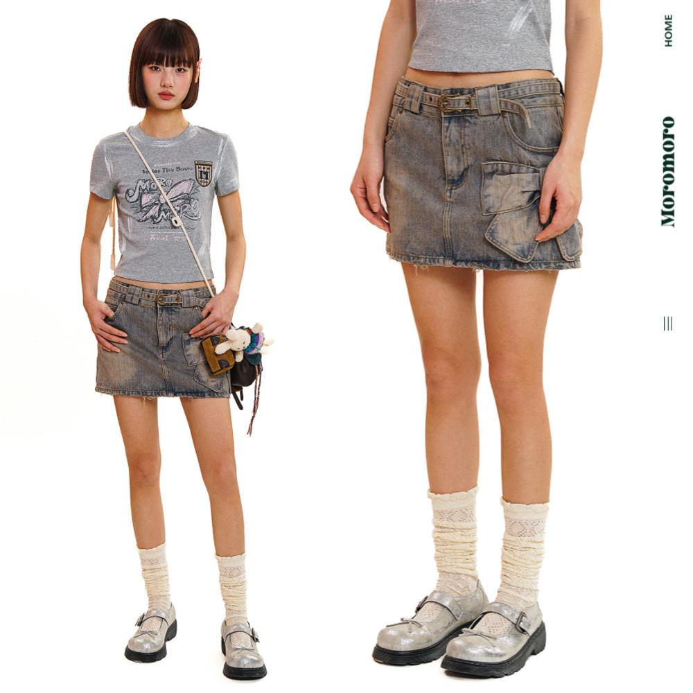 MOROMORO2 모로모로2 데님 스커트 리본 포인트 미니 청치마 스커트