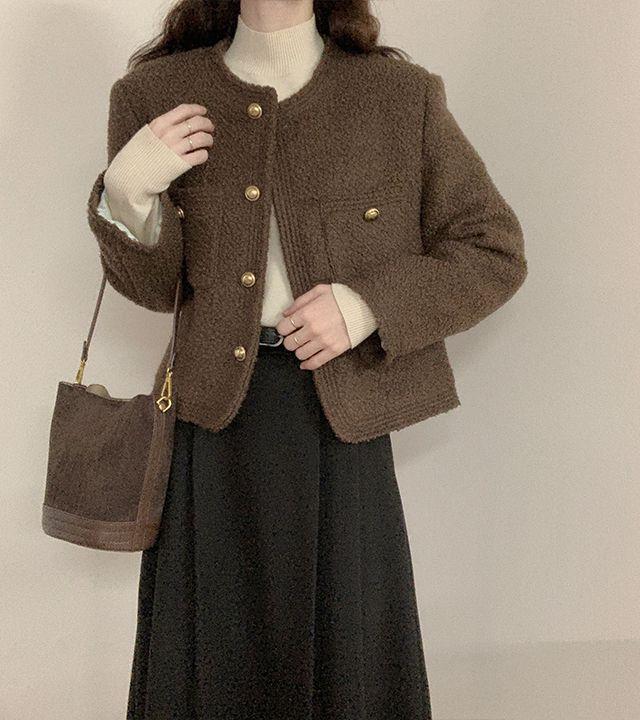 [누빔] 비바 노카라 부클 겨울 크롭 트위드자켓_룩앤무드