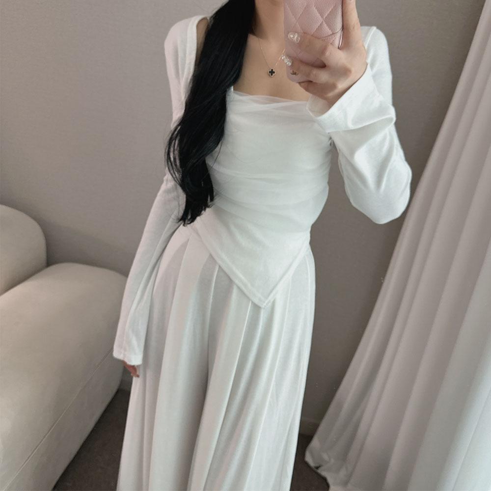 쉬폰 셔링 사선 나시 볼레로 가디건+밴딩 와이드 팬츠 투피스