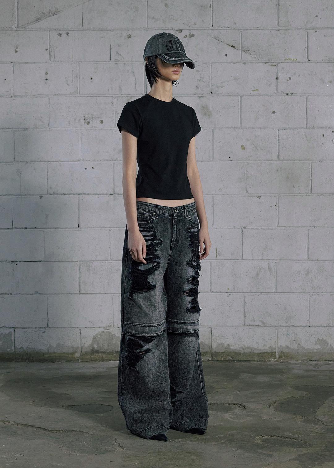 KNEE OPEN RIPPED WIDE JEANS, GRAY