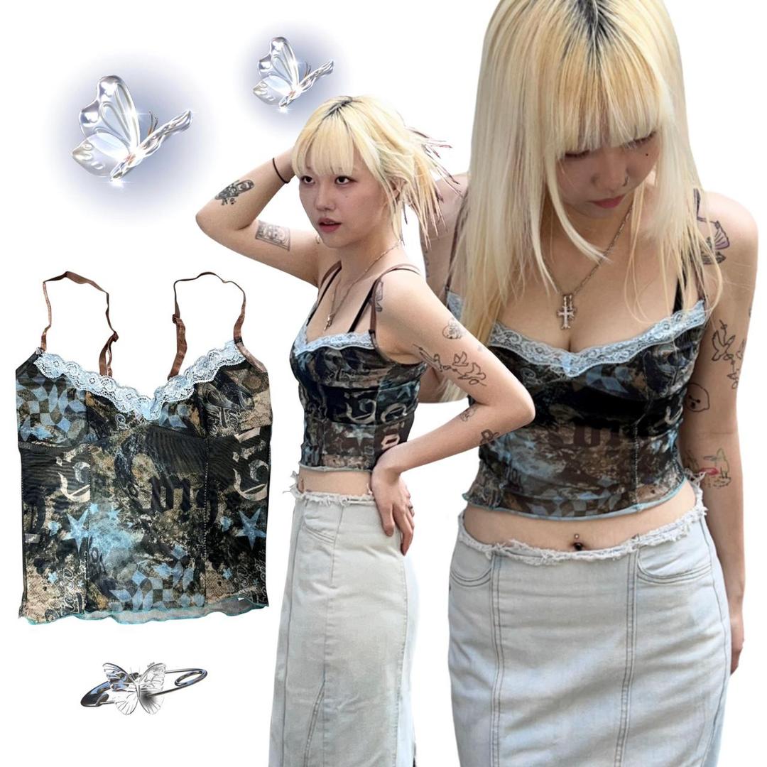 Graphic mix see through lace crop sleeveless top (1color)