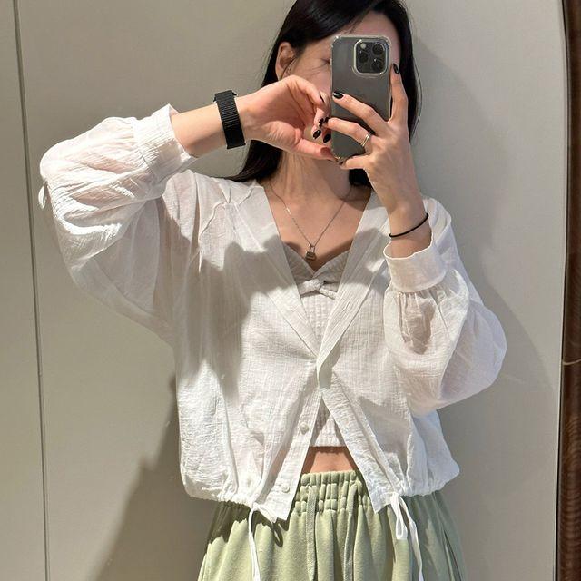 루즈핏 얇은 코튼 면 스트링 후드 블라우스 점퍼 가디건 봄 여름 가을 간절기 아우터 (2color)