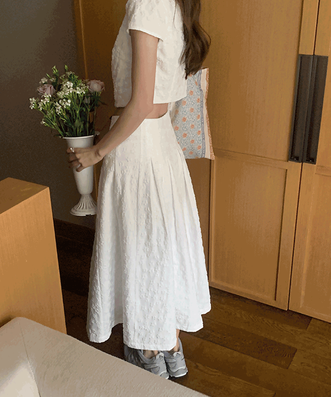 오호 [자체제작] 투피스 프렌치 핀턱 플리츠 자카드 롱스커트 a라인 플레어 화이트 롱치마 웨딩드레스 셀프웨딩 피로연 브라이덜샤워 투피스세트 가능-스커트