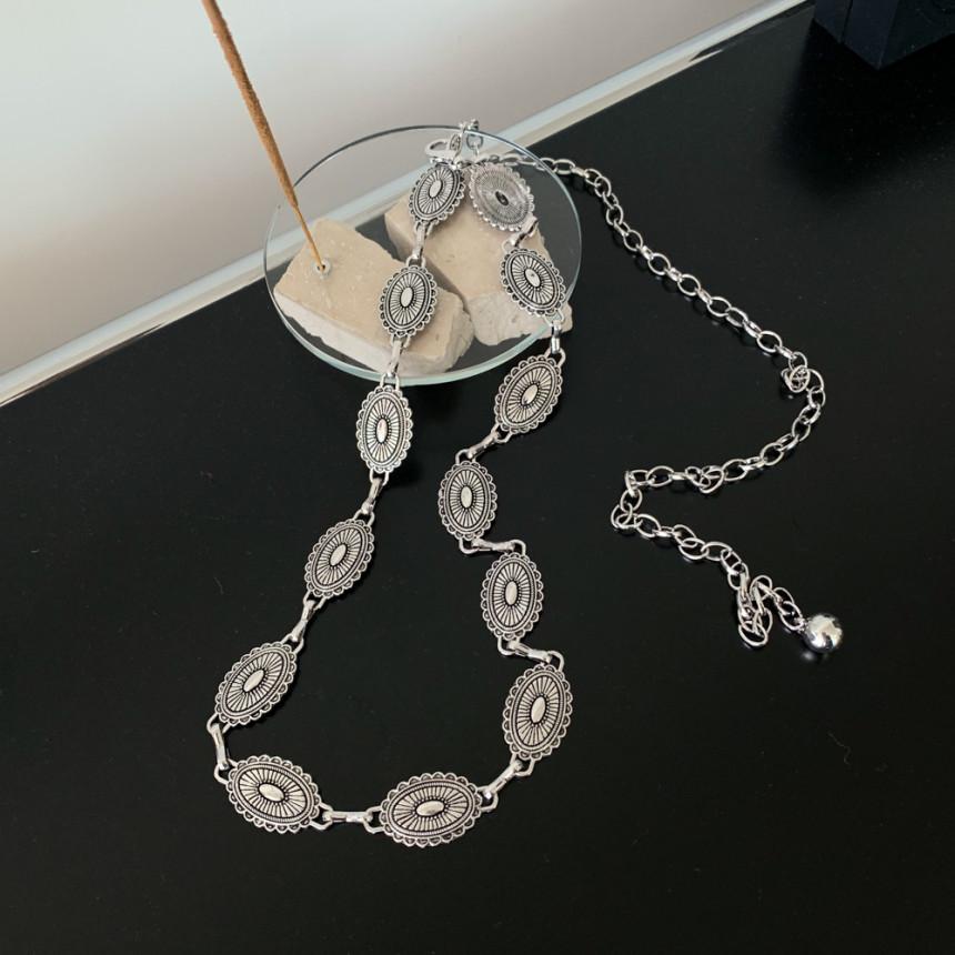 블루씨티 [단독] [그런지 빈티지룩] 엔틱 플라워 에스닉 실버 메탈 체인 벨트