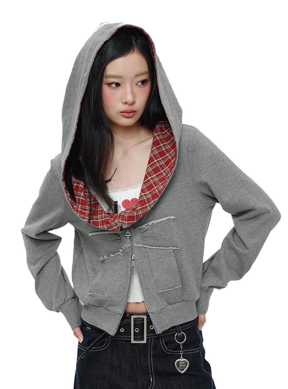 Ribbon Patch Red Plaid Hood Zip Up (Short / Long)