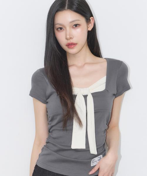 레이어드 리본 타이 티셔츠 차콜