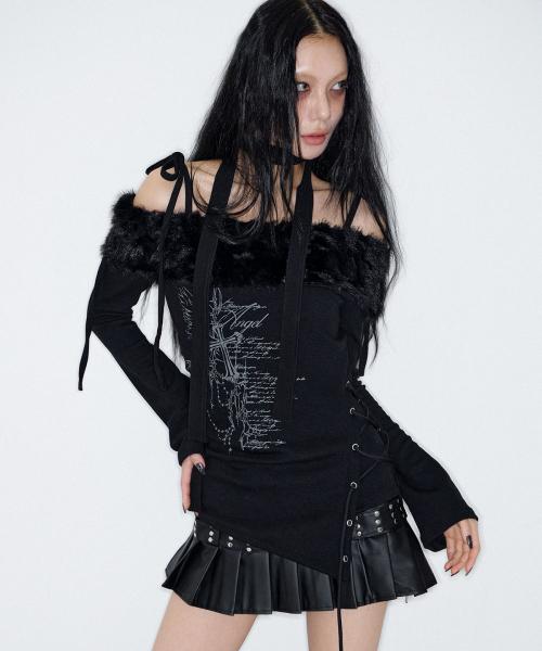 Fur Off Shoulder Lace Up Top (BLACK)