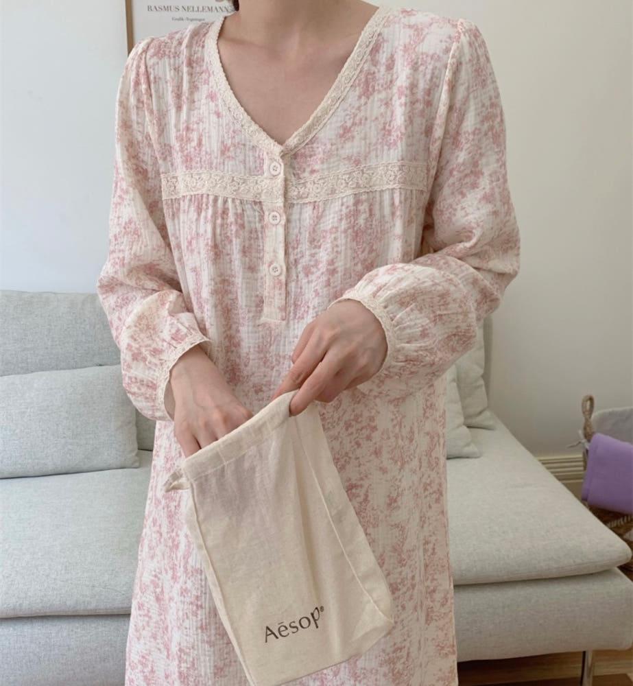 여성 긴팔 원피스잠옷 브이 트왈 파자마 홈웨어 집꾸미기