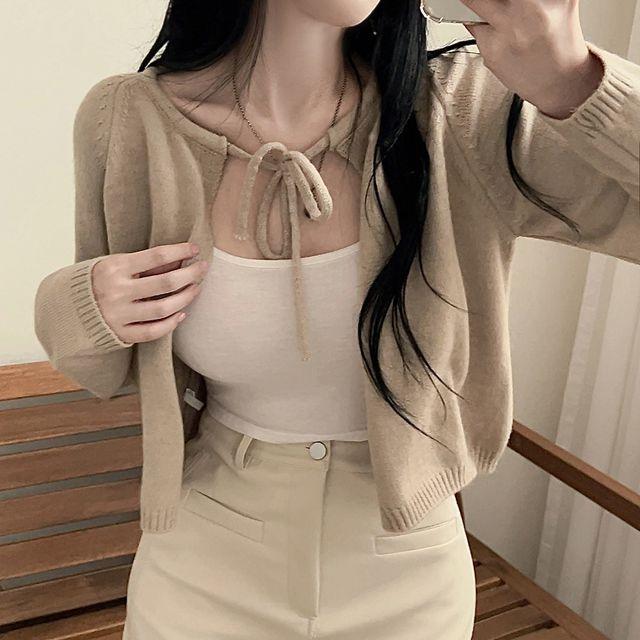 [사랑스러움] 베이직 오픈 리본 크롭 볼레로 니트 가디건_피치모어